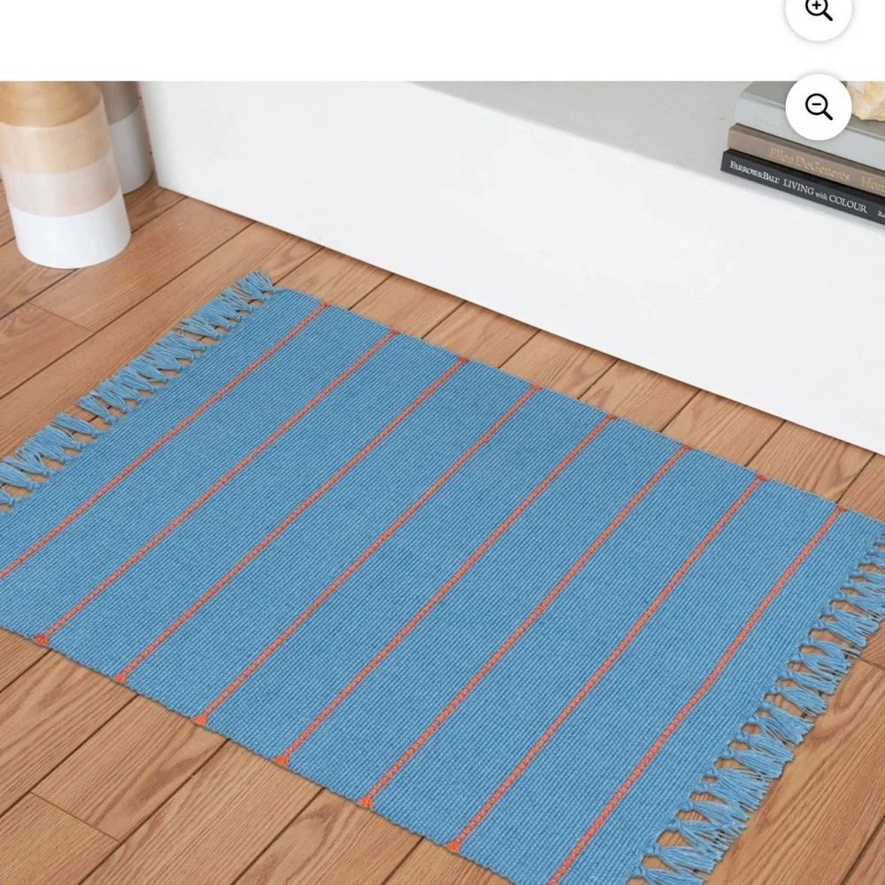 Blue and Orange Striped Fringe Rug